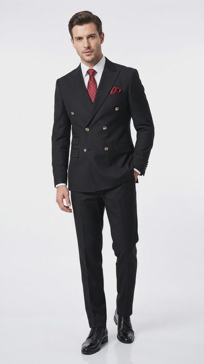 Men’s Black Classic Wool Double-Breasted Suit – Peak Lapel Wedding, Business and Formal Suit