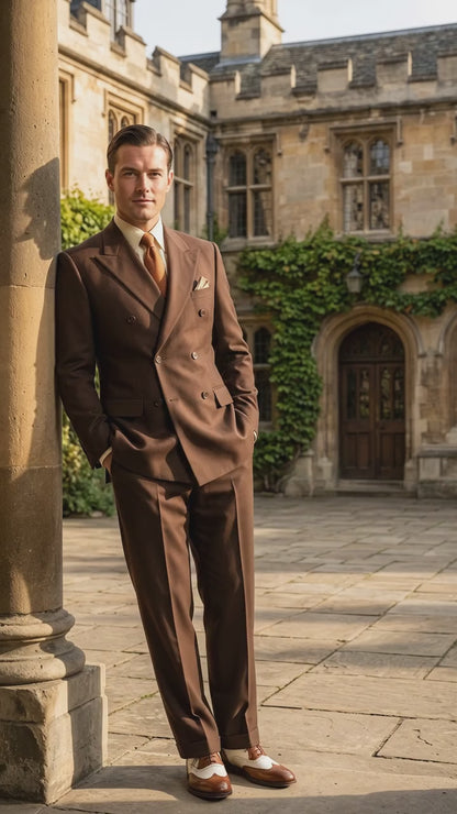 Men’s Brown Vintage Double Breasted Suit, Classic 1940s Style Formal Wedding Business Suit Set