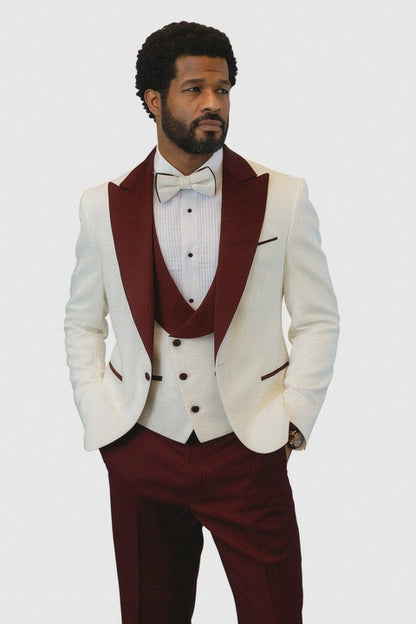 Hilton White & Burgundy Paisley Peak Lapel Tuxedo Jacket with Matching Shawl Vest & Wool Pants  Includes Bow Tie