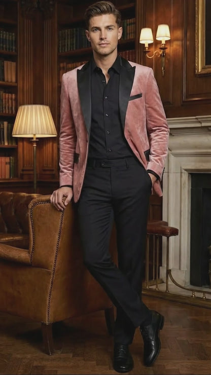 Men’s Dusty Rose Pink Velvet Blazer with Black Satin Lapel | Formal Sport Coat in Mauve Color + Bowtie