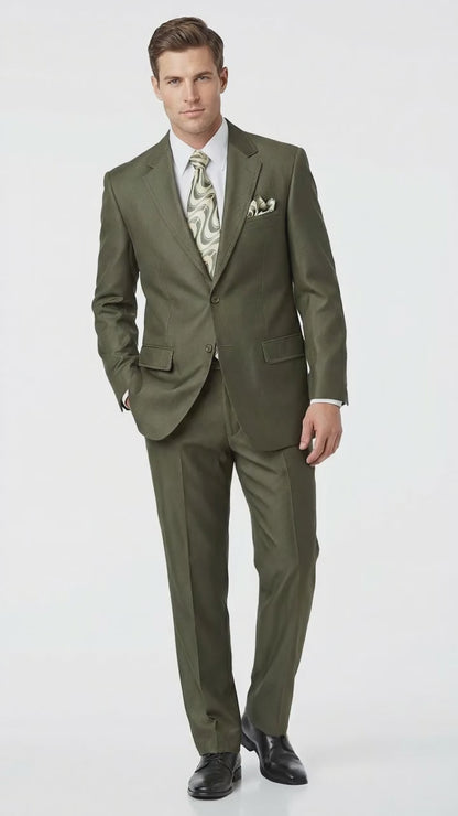 Men’s Olive Green Tuxedo With Trim Collar – Formal Wedding, Prom Suit Modern Fit