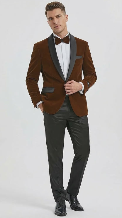 Mens Brown Velvet Tuxedo Jacket – Luxury Black Lapel Velvet Blazer for Wedding, Prom and Formal Events