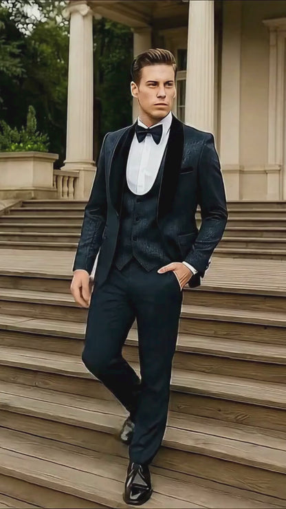 Mens Navy Blue Jacquard Tuxedo with Black Velvet Shawl Lapel  3 Piece Formal Suit with Bow Tie