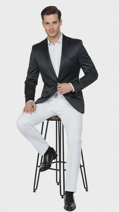 Mens Black Satin Blazer  Classic Slim Fit Two-Button Formal Suit Jacket for Weddings, Parties, and Business Events