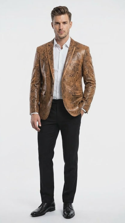 Men’s Brown Snakeskin Pattern Blazer – Stylish Exotic Print Formal Blazer Jacket for Party, Exotic Crocodile Alligator Print