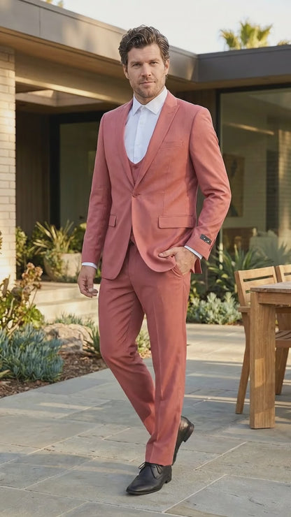 Mens Dusty Rose Three Piece Suit – Modern Formal 3PC Wedding and Prom Suit - Pink Coloe Modern Fit