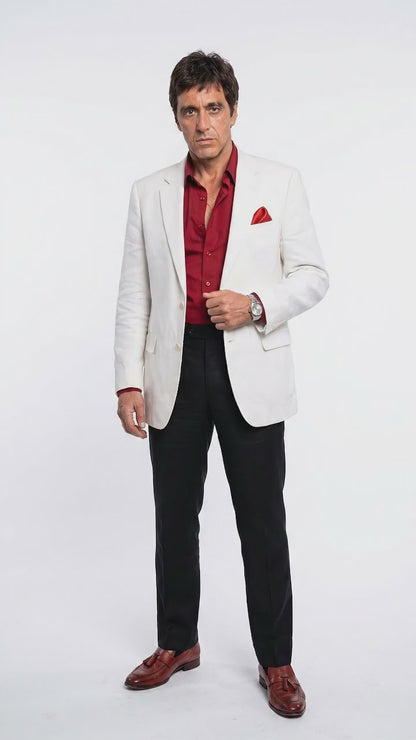 Tony Montana’s White Blazer Red Shirt Black Pants – Men’s White Blazer Outfit with Red Shirt and Black Trousers for Party, Wedding and Vintage Style Wear