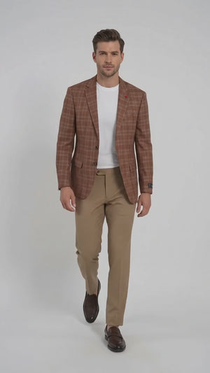 Vitali Men’s Rust Copper Brown Plaid Blazer with Tan Pants – Classic Windowpane, Business and Smart-Casual Birck color  Suit