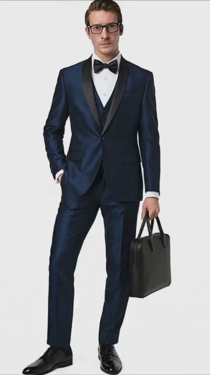 Mens Light Navy Blue Satin Tuxedo with Black Shawl Lapel and Three-Piece Design  in Spahire Blue Color