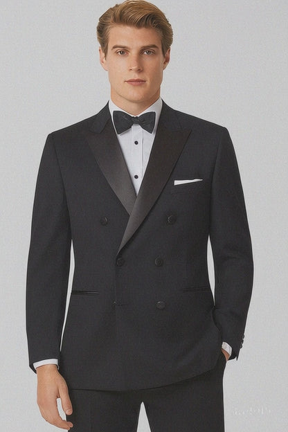 Mens Designer Double Breasted Wool Tuxedo in Black