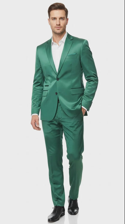 Mens Shiny emerald Green Sateen 2-Piece Slim Fit Suit  Formal Blazer and Pants Set Prom Wedding