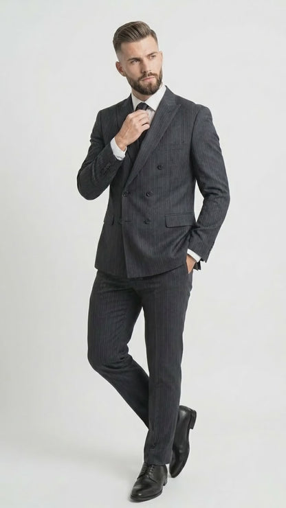 Men’s Black Pinstripe Double Breasted Suit – Classic Formal Business Suit Office and Evening Wear Modern Fit Conservative pattern