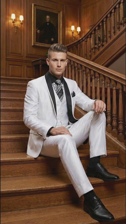 Men’s White Shiny Flashy Fabric Tuxedo Suit with Black Shawl Lapel | Luxury Formal Wedding and Evening Suits Sharkskin Metallic Fabric