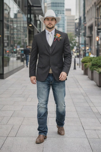 Mens Western Style Blazer  Classic Gray Cowboy Suit Jacket for Weddings, Country Events and Formal Wear in Grey Color