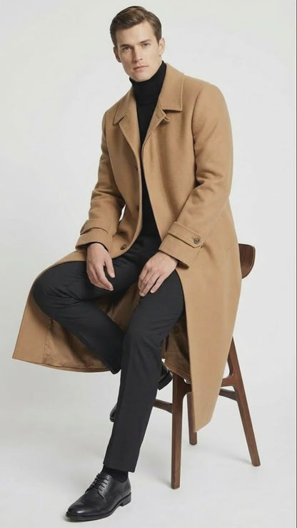 Mens Full-Length Camel Overcoat  Classic Long Microfiber-Blend Coat for Winter and Formal Wear Maxi Duster Coat