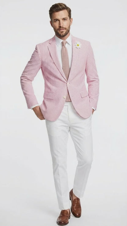 Men's Pink Seersucker Blazer – Lightweight Striped Summer Sport Coat Casual Smart Formal Jacket