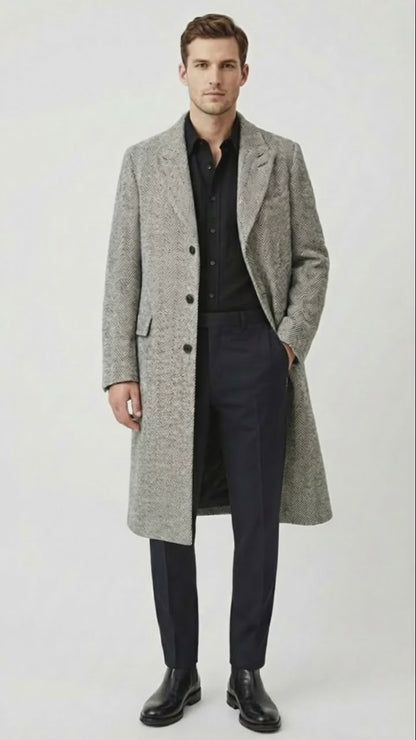 Mens Grey Herringbone Long Overcoat  Tweed Black and White Pattern Wool Topcoat Three Qaurter