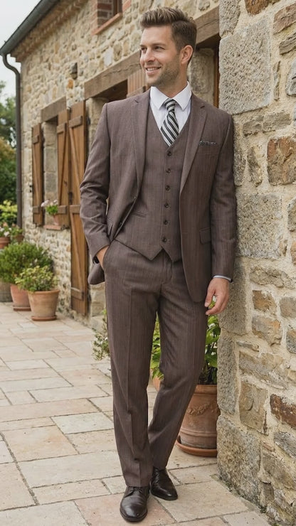 Men’s Brown Sharkskin 3 Piece Suit – Textured Two Button Vested Business Formal Suit for Wedding, Party Wear Elegant