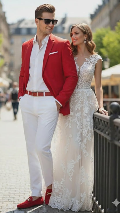 Mens Red Blazer and White Pants Set  Stylish Casual Dress Outfit For New Year Holiday and Christmas Suit