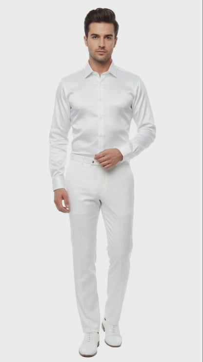 Mens White Satin Dress Shirt  Classic Long Sleeve Formal Shirt for Weddings, Parties, and Business Wear