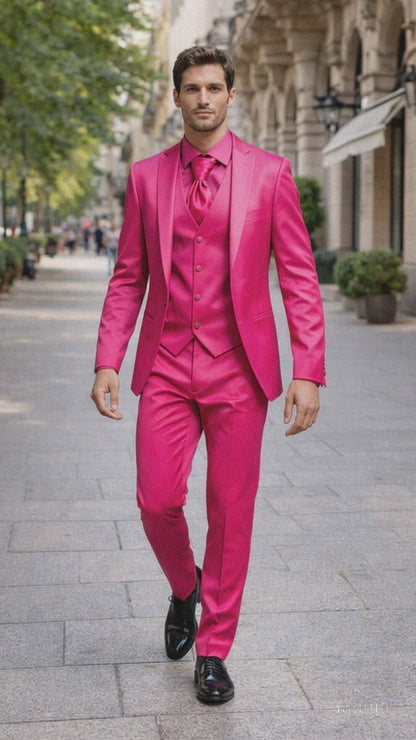 SKU#JA61711 Mens Shiny Blazer - Hot Pink Sateen Vested Suit