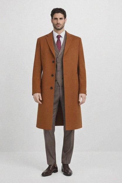 Mens Overcoat - Topcoat For Men - Winter Fabric - Men's Rust - Copper - Cognac Wool ~ Cashmere Blend Overcoat - Topcoat Three Quarter 3/4