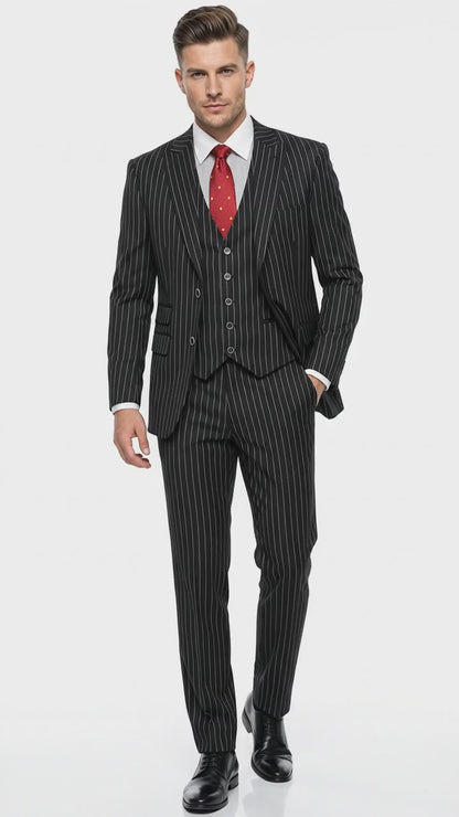 Men’s Black Skeleton Bone Pinstripe 3 Piece Suit – Gangster Style Striped Suit with Vest