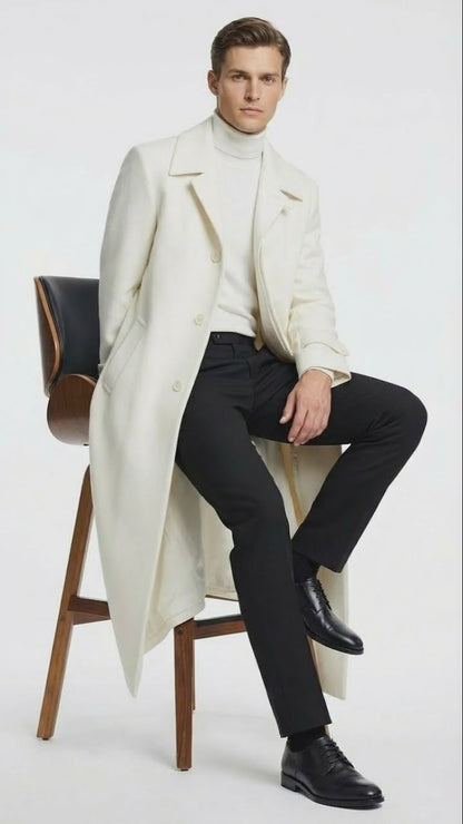Mens Off-White Long Trench Coat – Overcoat with Classic Clean Design Duster Maxi Coat in Ivory Color