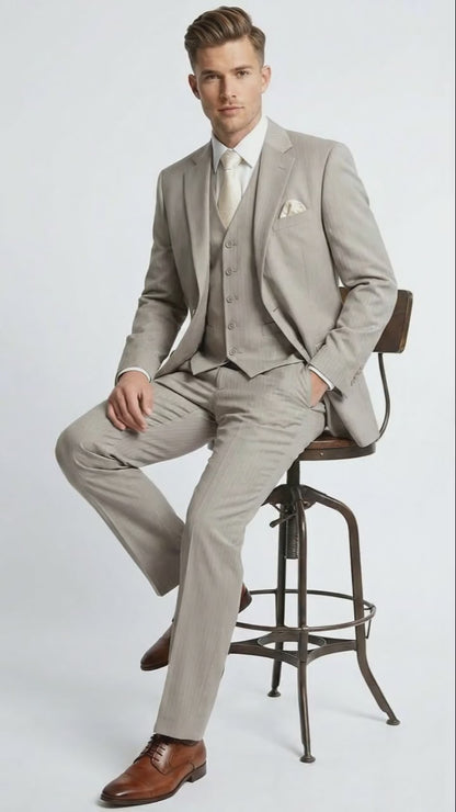 Mens Light Tan Pinstripe 3 Piece Suit with Jacket, Vest, and Pants | Shadow Stripe Tone Tone Pleated Pants Classic