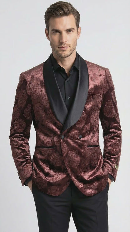 Mens Rust Copper Brick color Floral Jacquard Pasiley Blazer – Pattern Dinner Jacket with Black Shawl Lapel for Formal dinners and Wedding