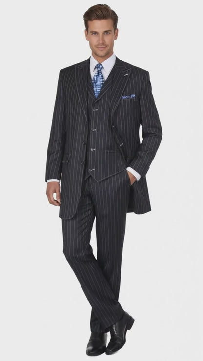 Men's Three Button Suits -  Navy Blue Pinstripe Three-Piece Suit – Classic Business and Formal Wear with Tailored Fit
