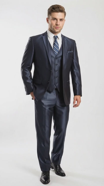 Men’s Navy Shiny Sharkskin Vested Suit, Tazio Formal Wedding Prom Dress Suit