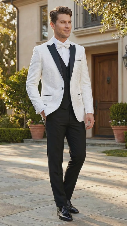 Men’s White Shiny Paisley Flower Pattern Tuxedo Jacket with Black Lapel, Formal Wedding Blazer