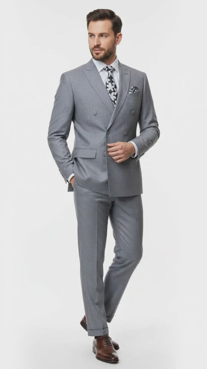 Mens Grey Tone on Tone Double-Breasted Suit  Classic Slim Fit 2 Piece Formal Business Gray Shadow Stripe