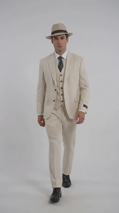 Men’s Ivory Cream Pinstripe Scarface Suit – Vintage Gangster Modern Fit 3-Piece Wedding Suit