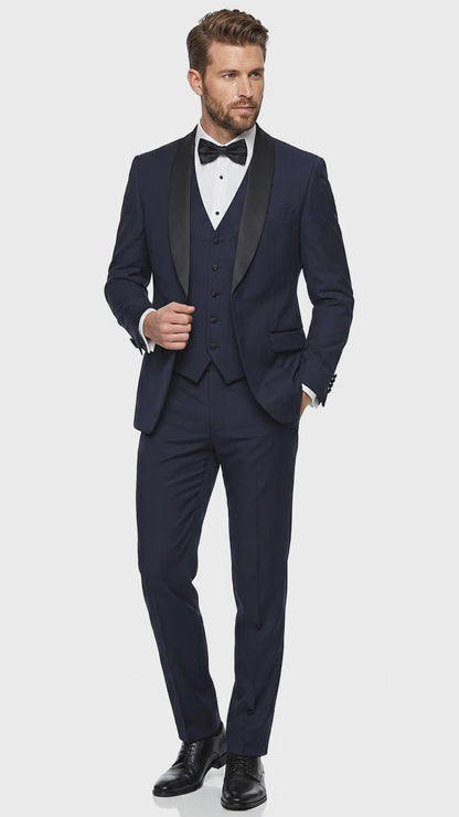 Men’s Navy Blue Vested Wool Tuxedo with 1 Button Jacket, Black Shawl Lapel and Matching Pants