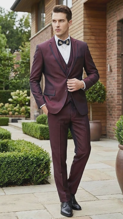 Men’s Burgundy Sharkskin Tuxedo with Satin Trim, Vested Formal Wedding and Prom Suit