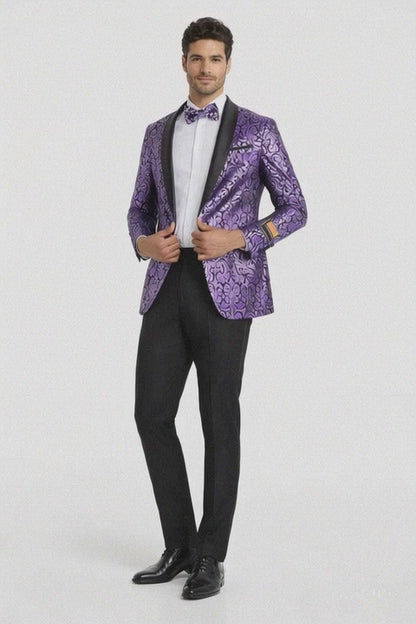 Mens Black & Purple Paisley Prom Tuxedo Smoking Jacket