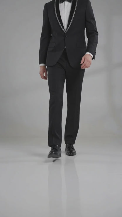 Men’s 1970s Style Black Boot Cut Tuxedo Suit – Shawl Lapel Wedding, Prom and Formal 2-Piece Suit