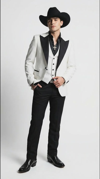 Men’s White Cowboy Tuxedo with Black Satin Lapel – Western Formal Suit with Matching Vest