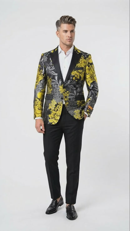 Men’s Yellow Tuxedo Black and Gold Floral Pattern Blazer | Formal Jacket - Prom Dinner Jacket + Black Pants + Bowtie