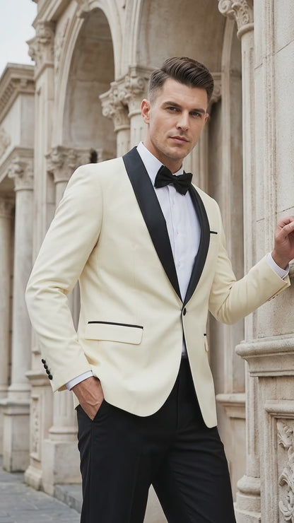 Men’s Ivory Prom Tuxedo Dinner Jacket, Black Shawl Lapel Formal Wedding Blazer