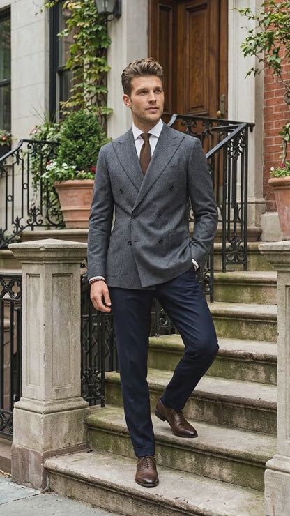Men’s Charcoal Double Breasted Blazer, Formal Wedding Business Casual Sport Coat Jacket Wool Fabric