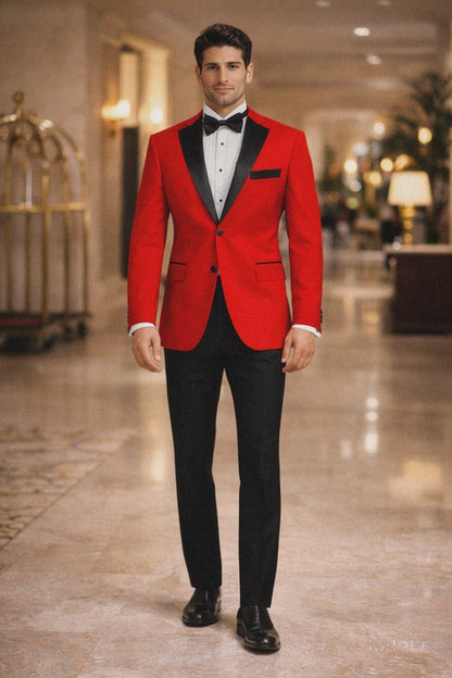 Blazer - Dinner Jacket - Red and Black Lapel Mens Classic 2 Button Notch Lapel Red Tuxedo