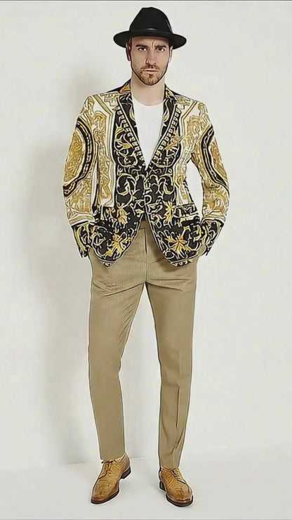 Mens Black and Gold Baroque Blazer with Matching Pants, Hat, and Shoes  Luxury Party and Wedding Outfit Set