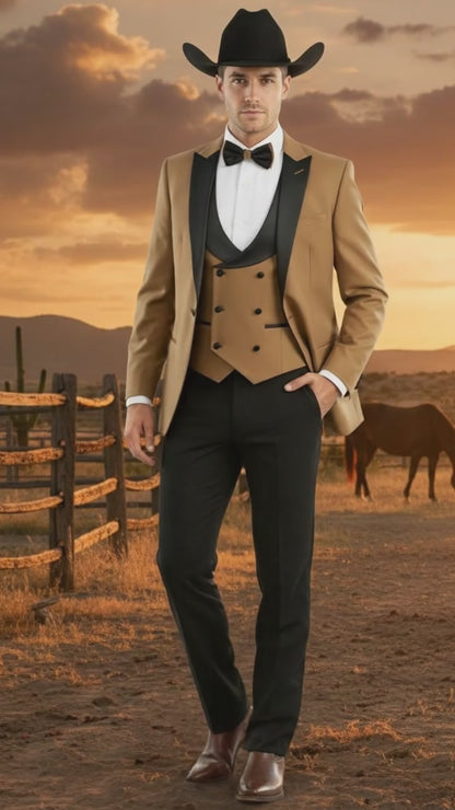 Mens Western Cowboy Tuxedo  Tan and Black 3-Piece Suit with Satin Lapel and Vest in Mocca Coffee Color