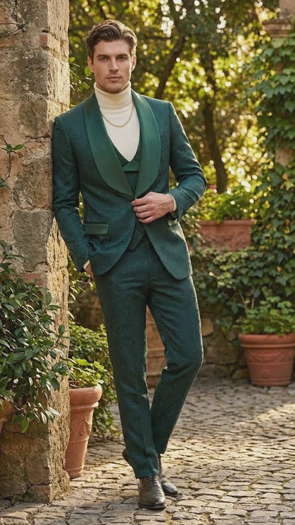 Mens Hunter Green Wedding Tuxedo Suit – Paisley Pattern Three Piece Formal Suit Set with Shawl Lapel for Groom, Prom in Emerald green
