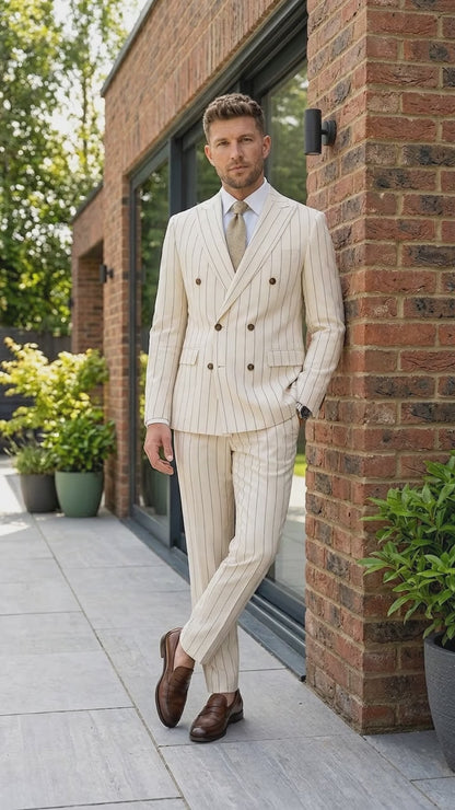 Men’s Cream Off White Pinstripe Linen Pinstripe 2 Piece Double Breasted Suit, Summer Wedding Ivory Color By Vitali