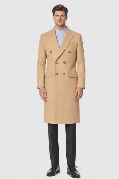 Men's Double Breasted Camel Back Wool Blend Vent Overcoat