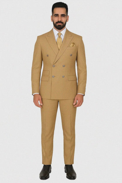 Mens Designer Modern Fit Double Breasted Wool Suit with Gold Buttons in Khaki Camel Bronze Color By Rossiman Brand